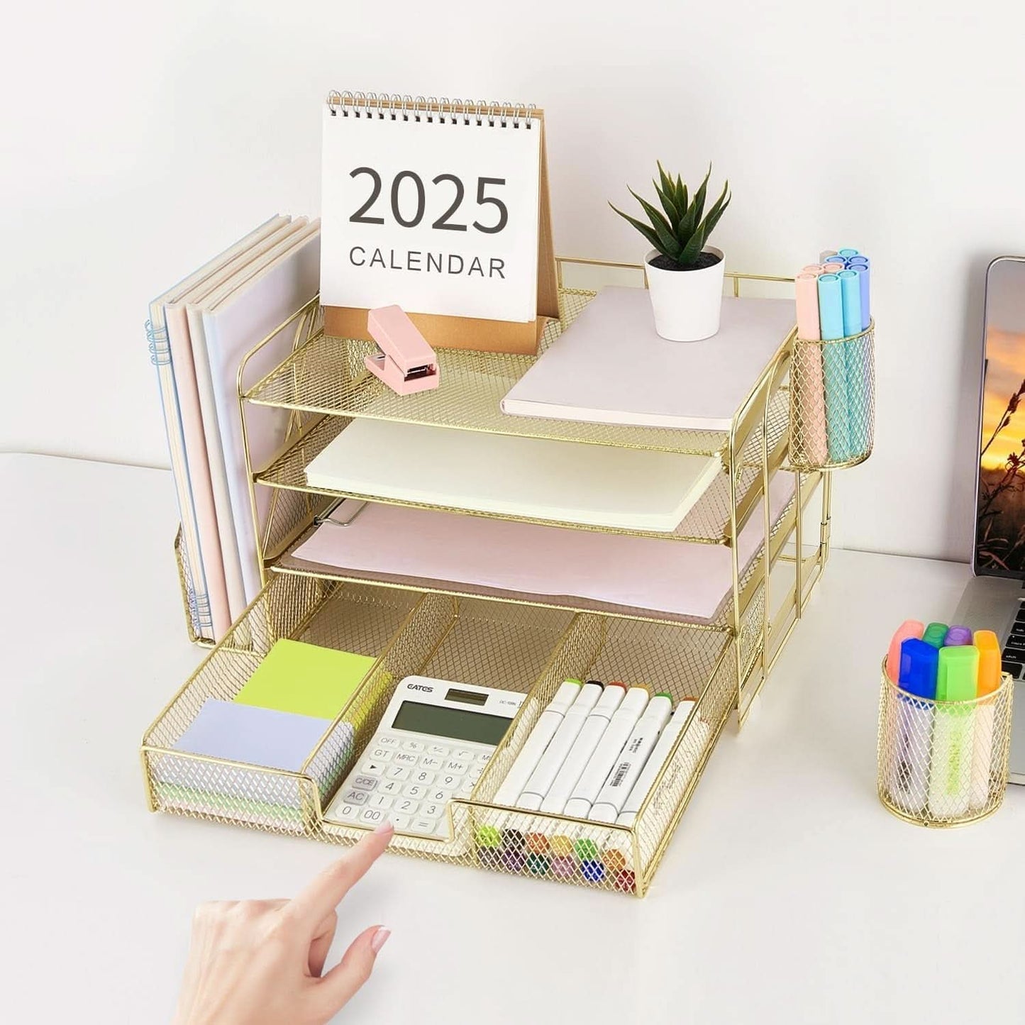 4 Tier Paper Tray Organizer With Drawer For Office Use