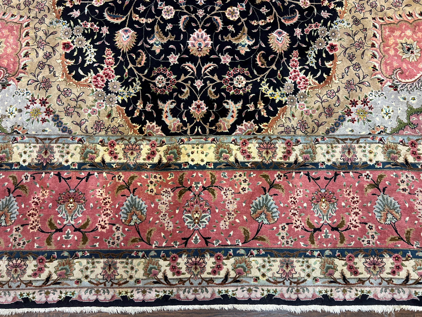 Magnificent Persian Tabriz Rug 11x16, Oversized Persian Carpet 11 x 16 ft, Wool on Silk Finely Hand Knotted, 450 KPSI, Floral Medallion, Black Pink