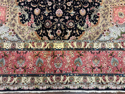 Magnificent Persian Tabriz Rug 11x16, Oversized Persian Carpet 11 x 16 ft, Wool on Silk Finely Hand Knotted, 450 KPSI, Floral Medallion, Black Pink