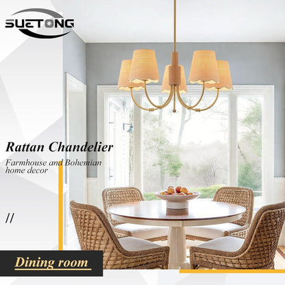 Antique Brass Boho Rattan Chandelier Pendant Dimmable