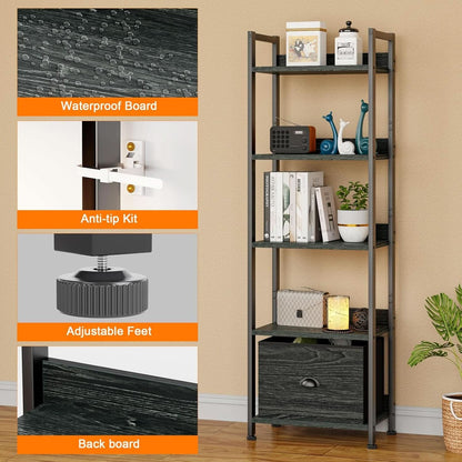 5 Tier Bookshelf With Drawer Black In Modern Rustic Style
