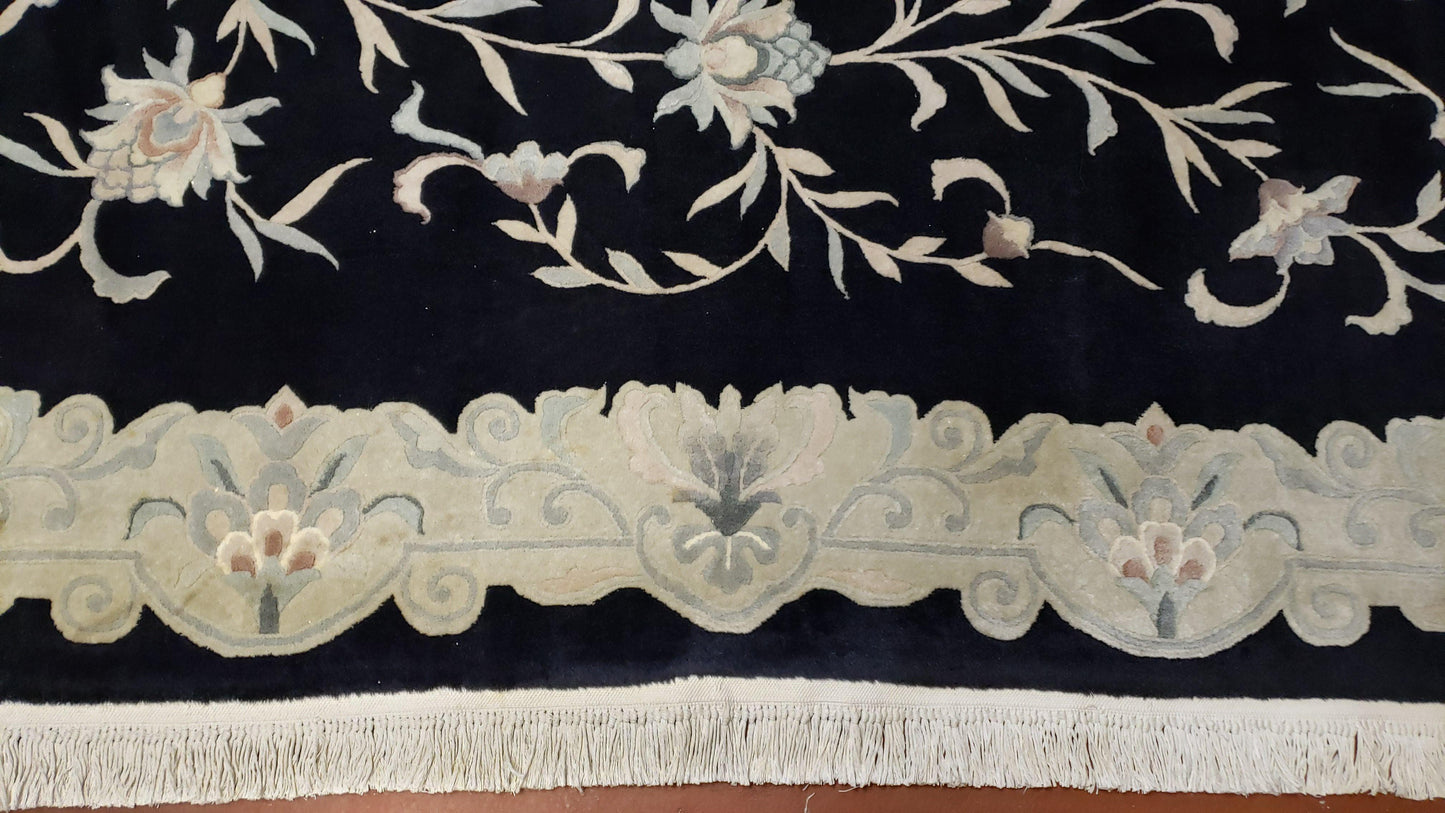 6x9 Vintage Black Gray Chinese Rug 120 Lines Wool Carpet Floral Design Hand-Knotted Soft Pile Entryway Rug Foyer Rug Nice