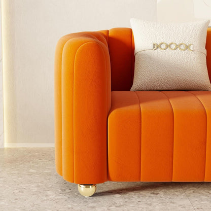 Orange Velvet Tufted Sofa Set With Gold Ball Legs Modern