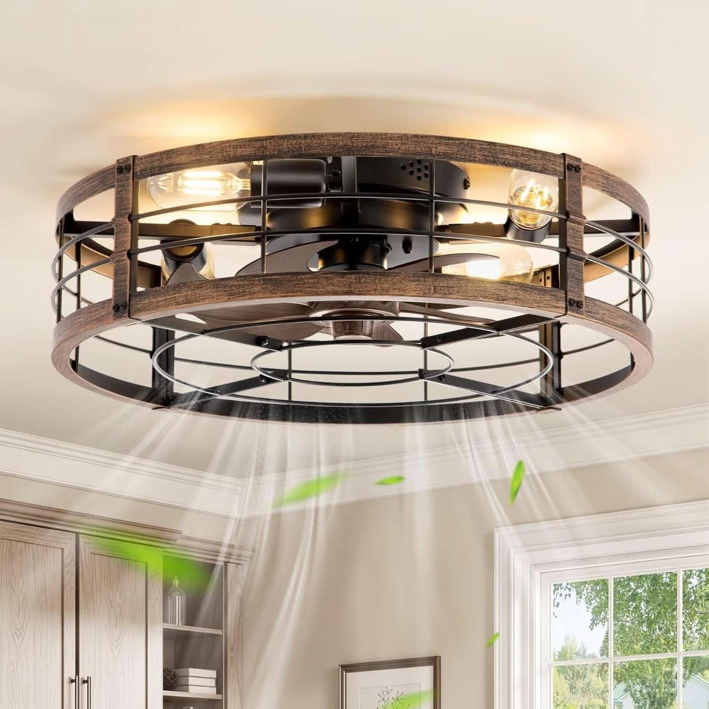 20 Inch Farmhouse Enclosed Ceiling Fan With Integrated LED Remote For Bedroom Kitchen Patio