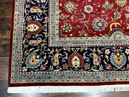 Pak Persian Rug 9x12, Red and Navy Blue, Floral Allover, Hand Knotted Vintage Wool Carpet, Fine 260 KPSI