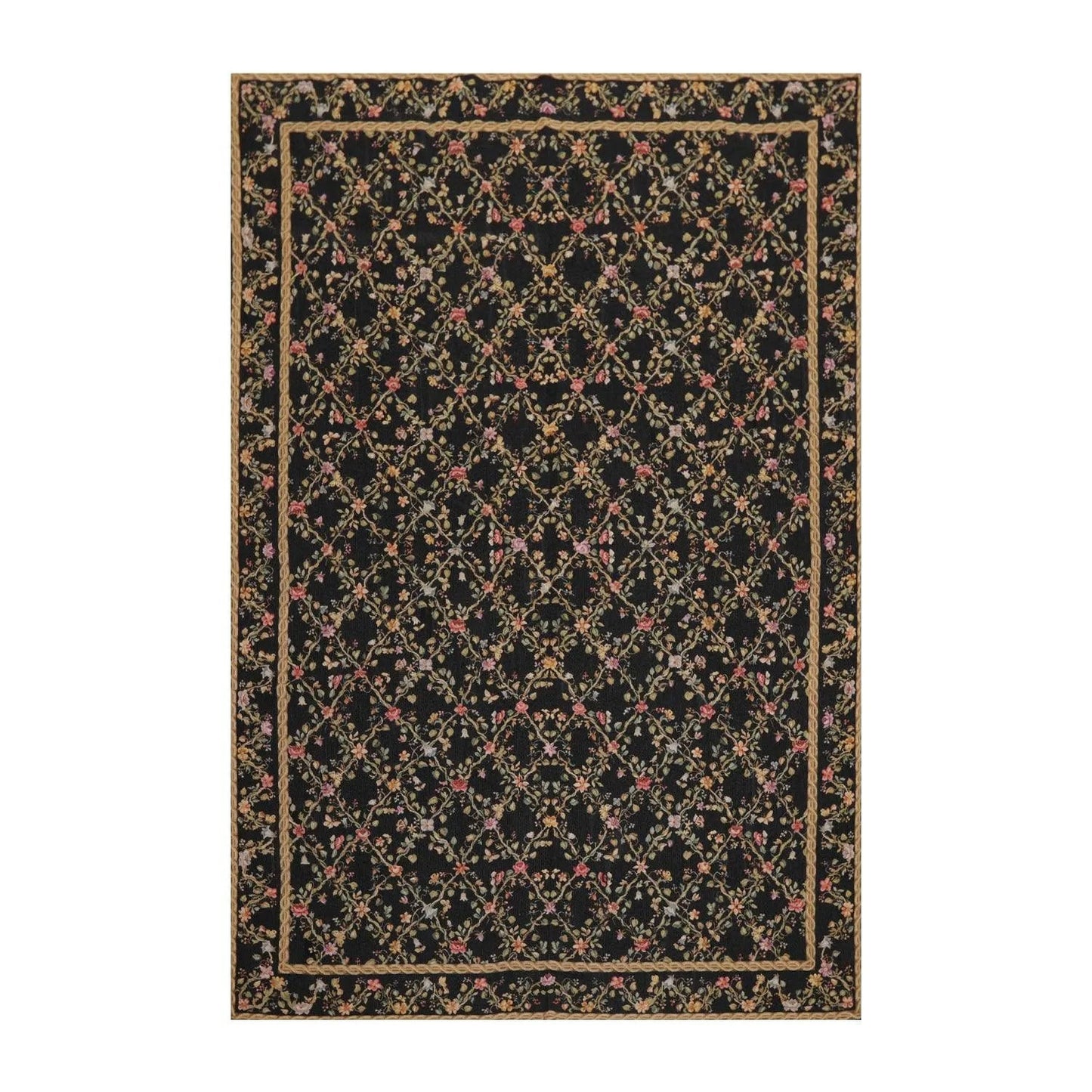 6x9 Black Hand Woven Wool French Aubusson Needlepoint Flat pile Oriental Area Rug