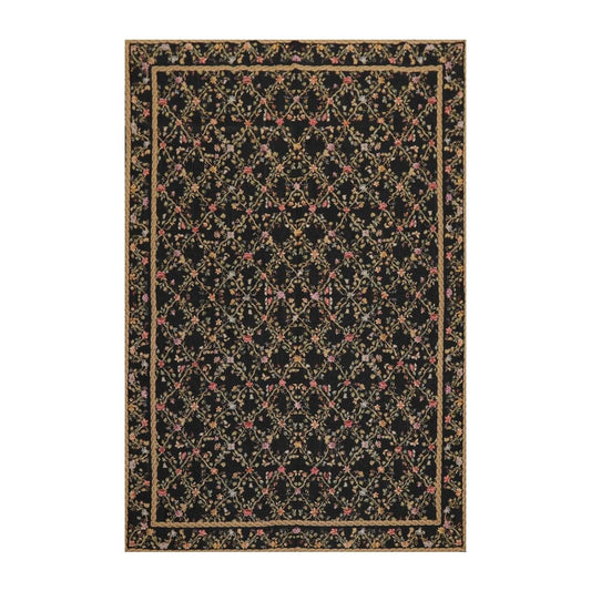 6x9 Black Hand Woven Wool French Aubusson Needlepoint Flat pile Oriental Area Rug