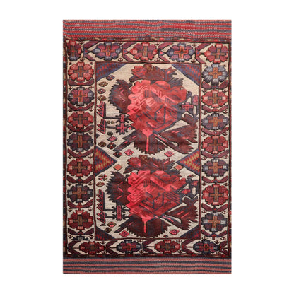 4'2" x 6'4" Antique Hand Knotted Wool High low Pile Oriental Area Rug Beige