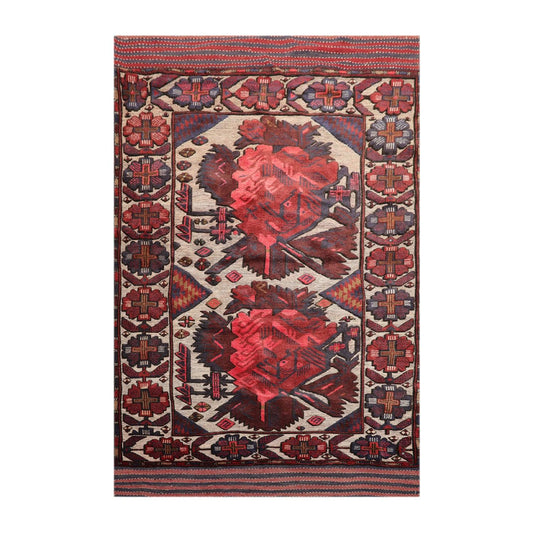 4'2" x 6'4" Antique Hand Knotted Wool High low Pile Oriental Area Rug Beige