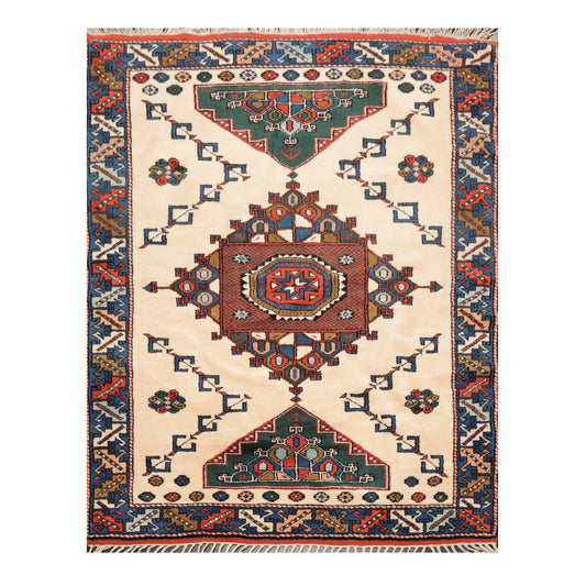 4'7" x 6' Hand Knotted Wool on Wool Tribal Afghan Kazak Veg Dyes Area Rug Ivory