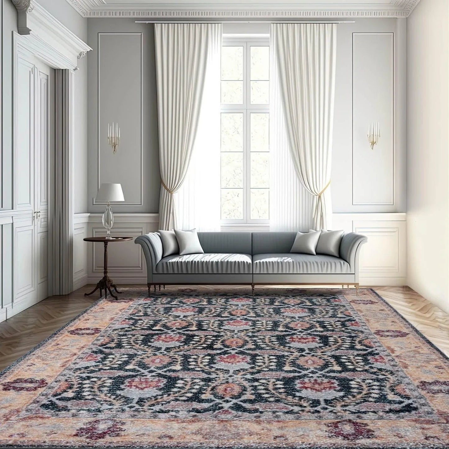 Multi Sizes Micro Printed Hand Woven Polyester Oriental Area Rug Charcoal, Peach Color