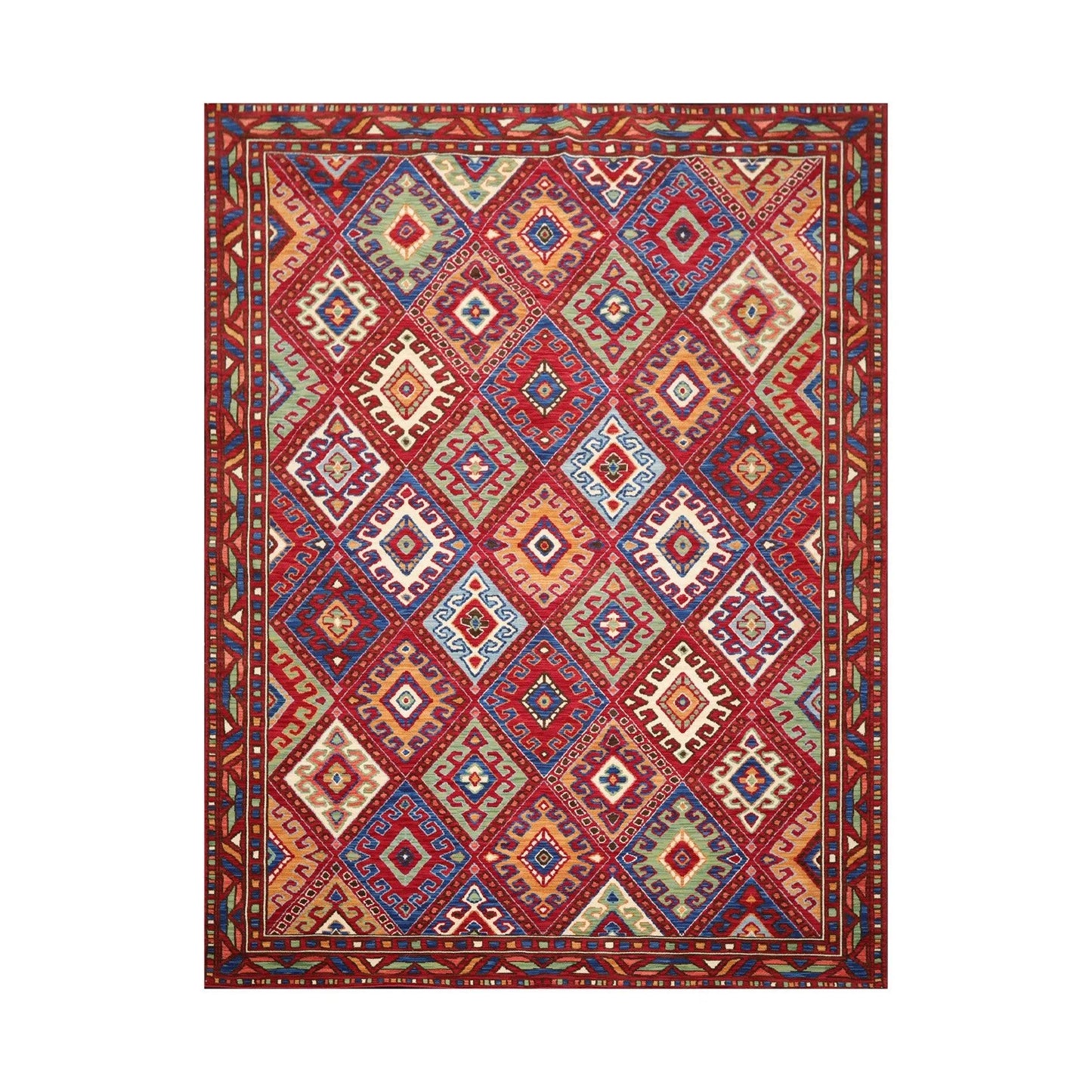 8 x 11 Geometric Panel Style Wool Area Rug Red Made in USA