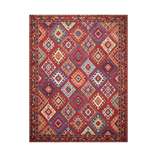 8 x 11 Geometric Panel Style Wool Area Rug Red Made in USA
