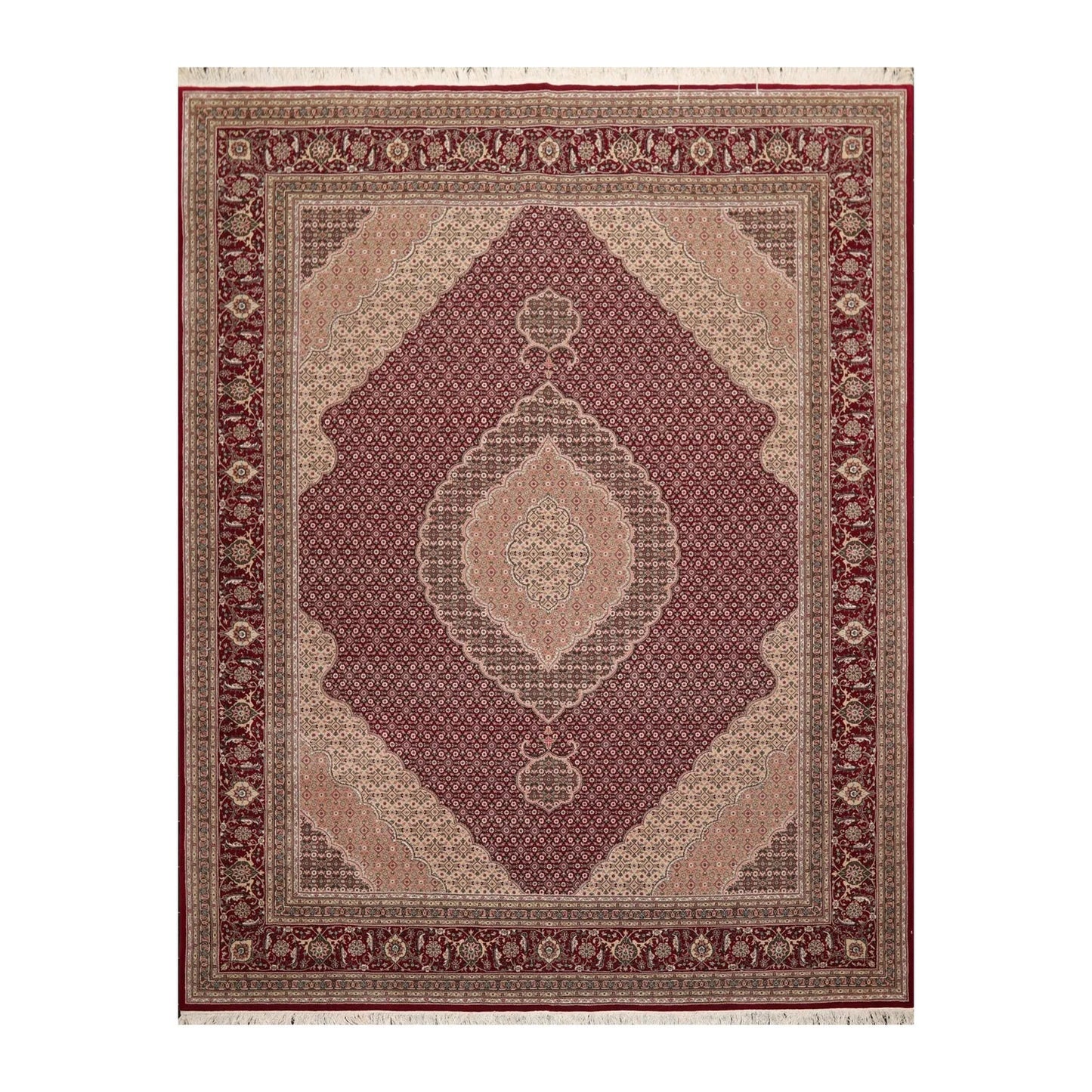 8x10 Red, Beige Hand Knotted Wool and Silk Fish Mahi Traditional 250 KPSI Oriental Area Rug