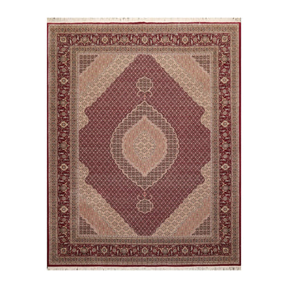 8x10 Red, Beige Hand Knotted Wool and Silk Fish Mahi Traditional 250 KPSI Oriental Area Rug