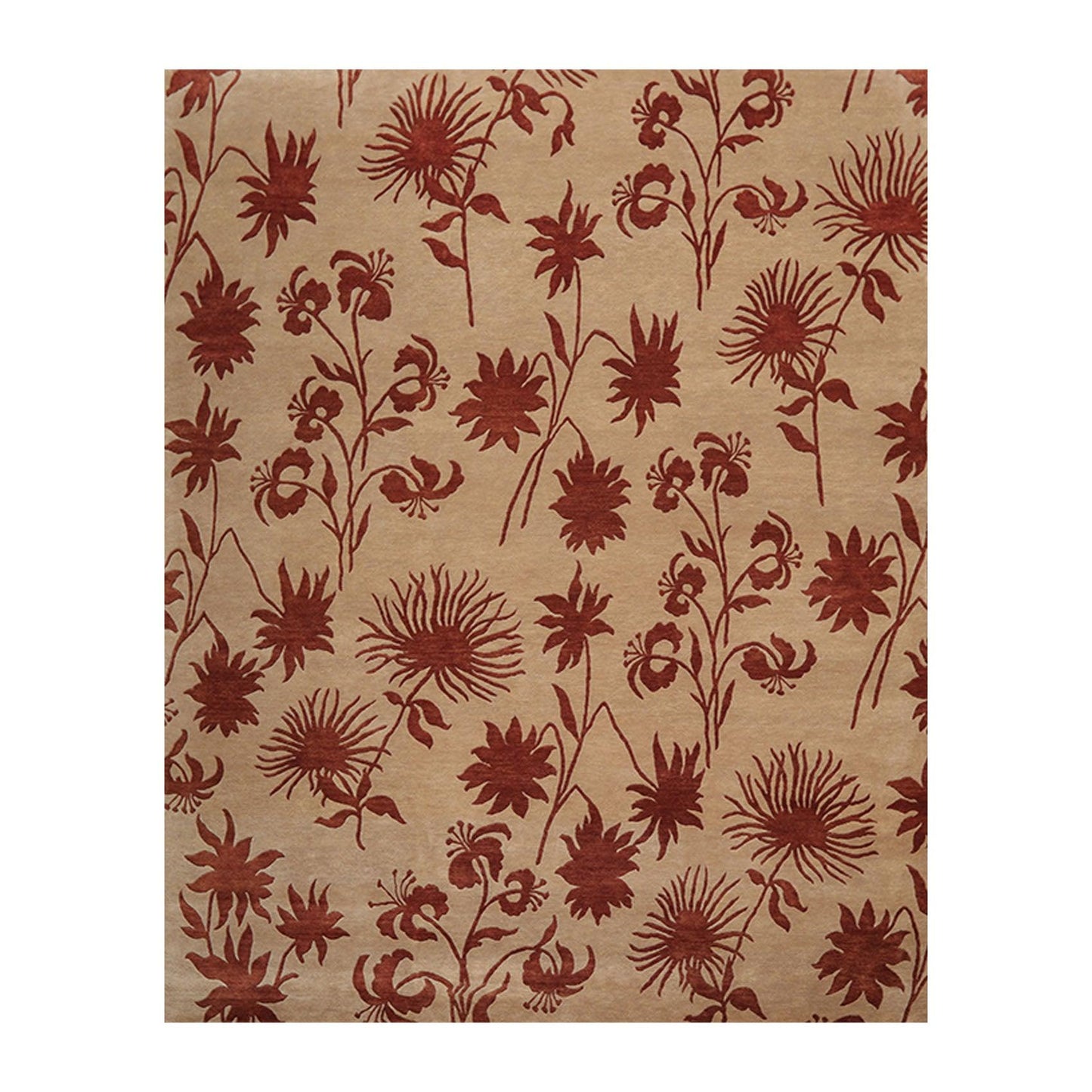 7'10" x 9'9" Hand Knotted Tibetan Wool Botanical Oriental Area Rug Tan