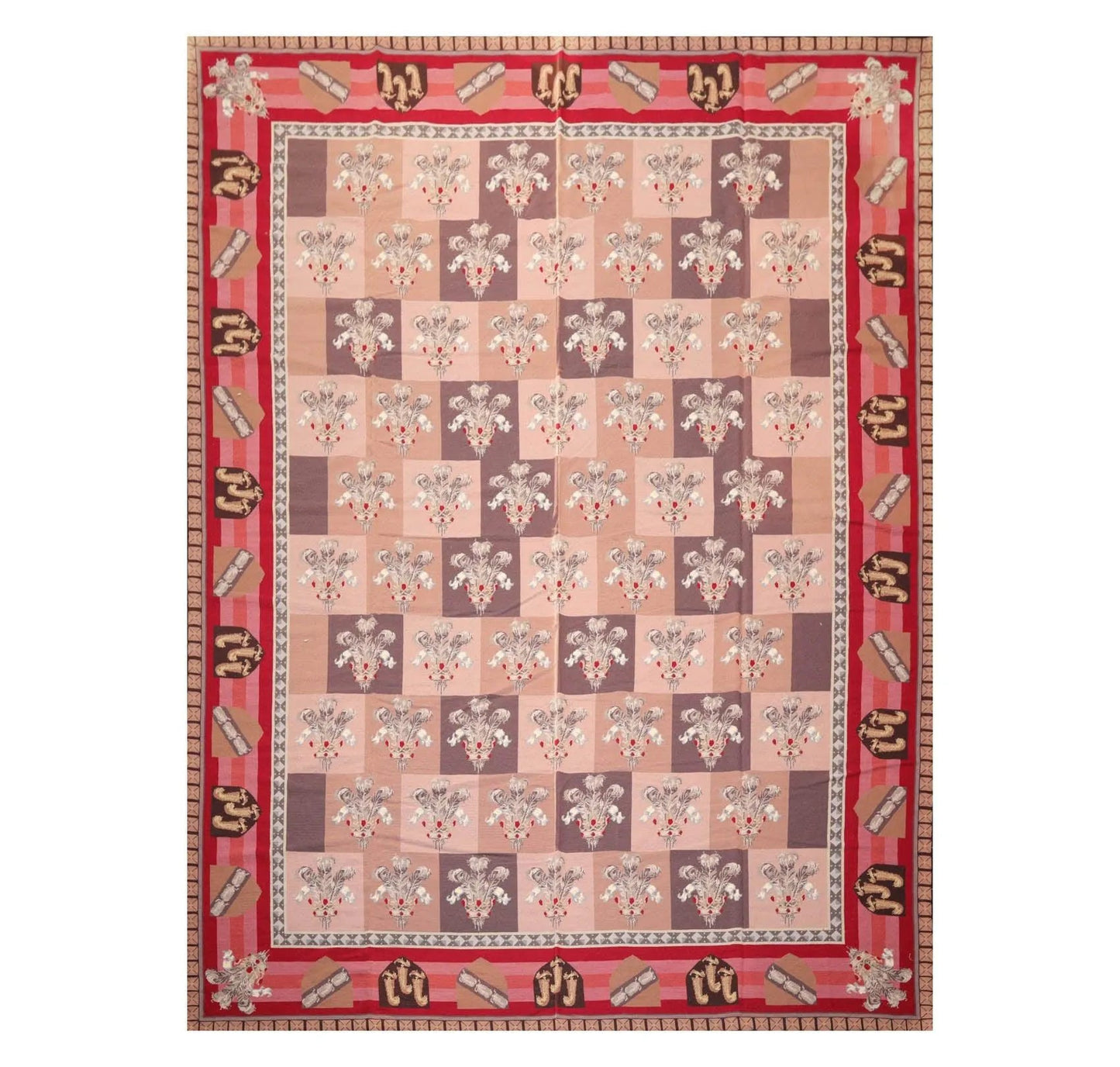 9' x 12' Hand Woven Wool French Aubusson Flatweave Area Rug Rose