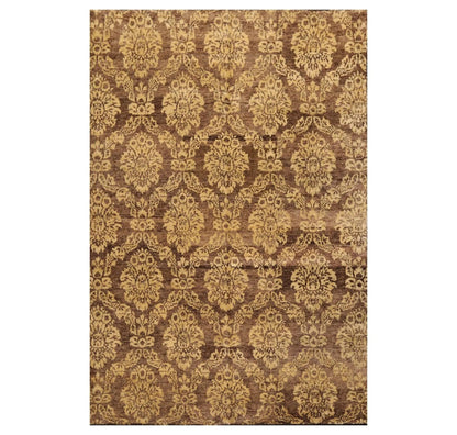 6' x 9' Hand Knotted New Zealand Wool Damask Area Rug Brown Light Gold Antique