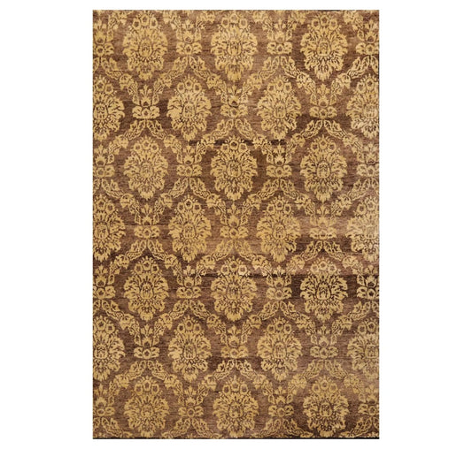 6' x 9' Hand Knotted New Zealand Wool Damask Area Rug Brown Light Gold Antique