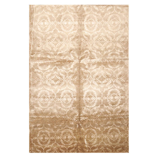 6'1" x 9'1" Hand Knotted Wool & Faux Silk Indo Tibetan Oriental Area Rug Tan