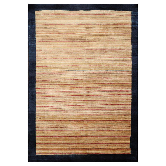 4'1" x 5'11" Hand Knotted 100% Wool Peshawar Modern Striped Area Rug Beige