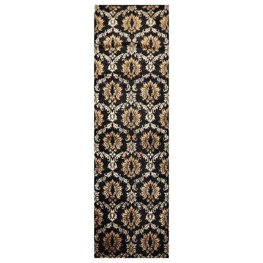 Runner Hand Knotted Wool & Silk Damask Tibetan Area Rug Black Gold 3'11" x 11'9"