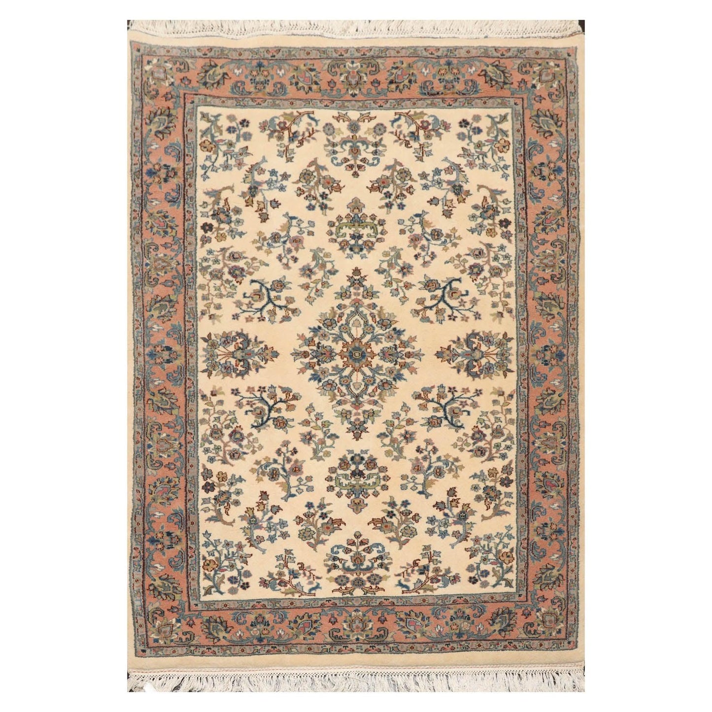 4'1" x 6' Hand Knotted Kerman Wool Traditional Oriental Area Rug Ivory