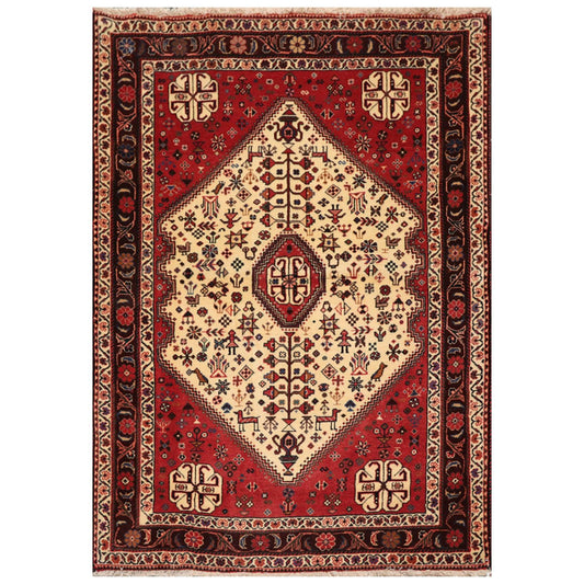 Ivory Red 3'4" x 4'9" Hand Knotted Wool Abadeh Traditional Oriental Area Rug