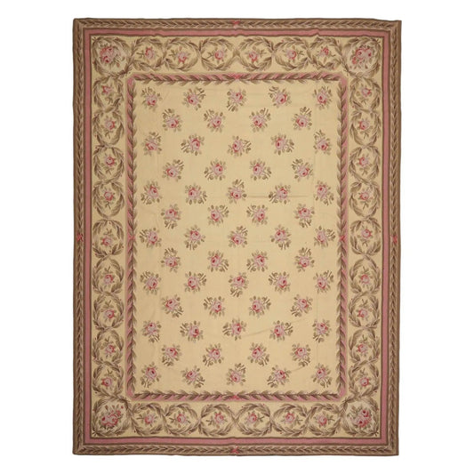 French Aubusson Hand Woven Wool Flatweave Area Rug Ivory 9’ x 12’