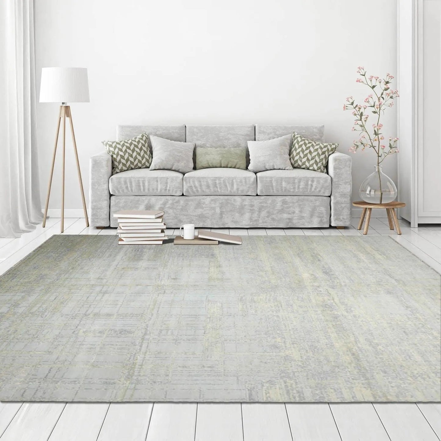 Multi Sizes Tibetan Wool and Silk Oriental Area Rug Light Blue, Green Color