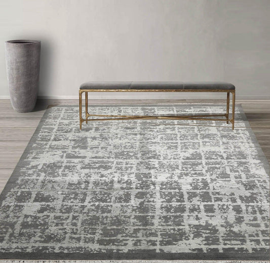 8’1" x 10’2"Hand Knotted Wool & Silk Tibetan Sherpa Oriental Area Rug Gray