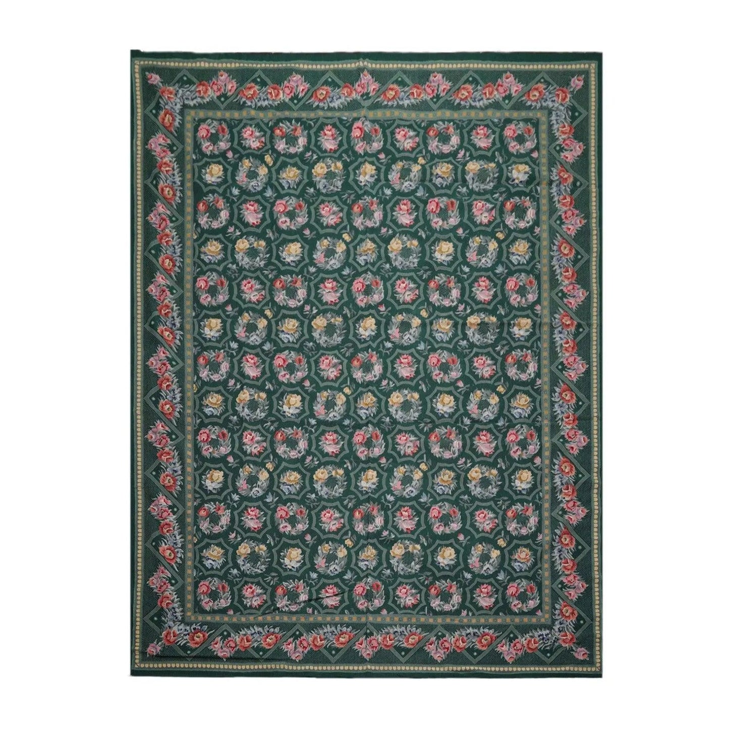 Hand Woven 100% Wool Floral French Aubusson Needlepoint Area Rug Green 9' x 12'