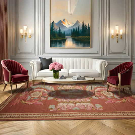 French Aubusson Hand Woven 100% Wool Traditional Scrolls Area Rug Rose 6'x12'