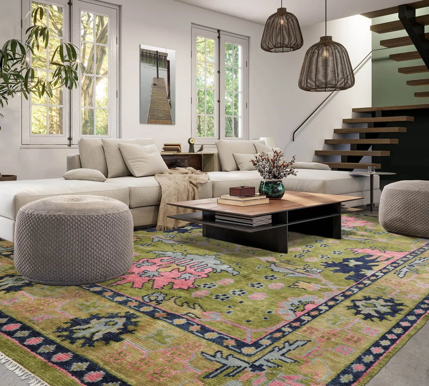 Multi Sizes Green, Pink Hand Knotted Muted Turkish Oushak 100% Wool Traditional Oriental Area Rug