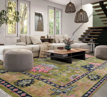Multi Sizes Green, Pink Hand Knotted Muted Turkish Oushak 100% Wool Traditional Oriental Area Rug