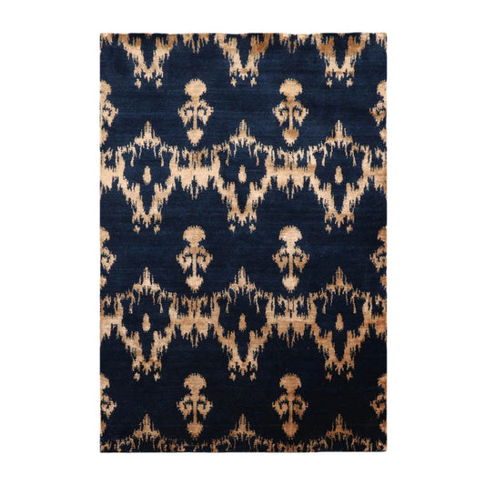 4'1''x6' Hand Knotted Tibetan Wool and Bamboo Silk Tibetan Traditional Oriental Area Rug Navy, Beige Color