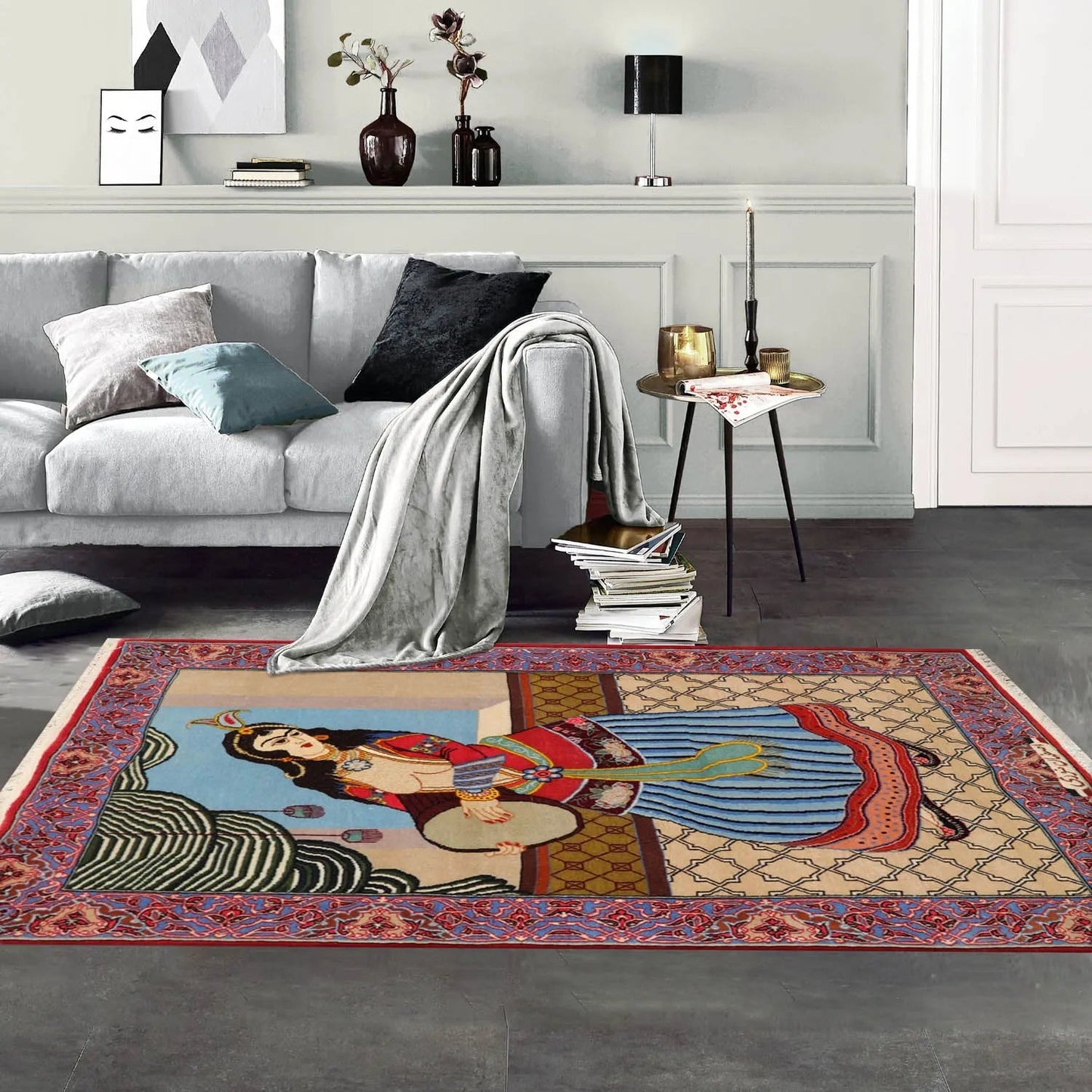 2' 5''x3' 10'' Hand Knotted 100% Wool Pictorial Tapestry Isfahan 300 kpsi Oriental Area Rug Beige, Blue Color