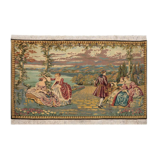 3' 2''x4' 10'' Hand Knotted 100% Wool French Tapestry Pictorial 300 kpsi Oriental Area Rug Beige, Black Color