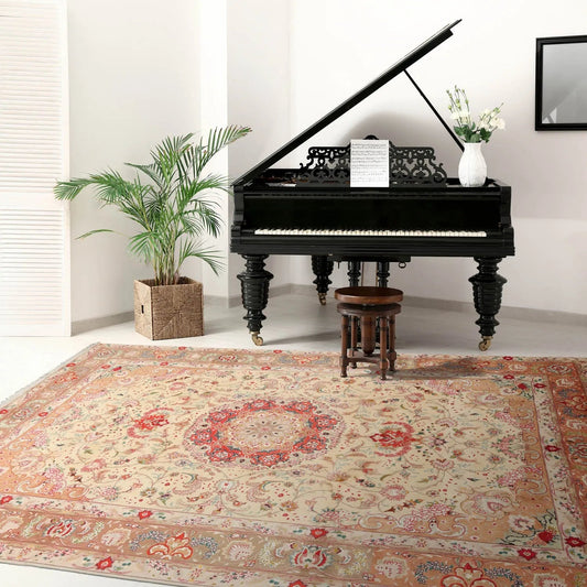 6' 7''x10' 2'' Hand Knotted Wool and Silk Traditional Tabriz 300 KPSI Oriental Area Rug Ivory, Peach Color