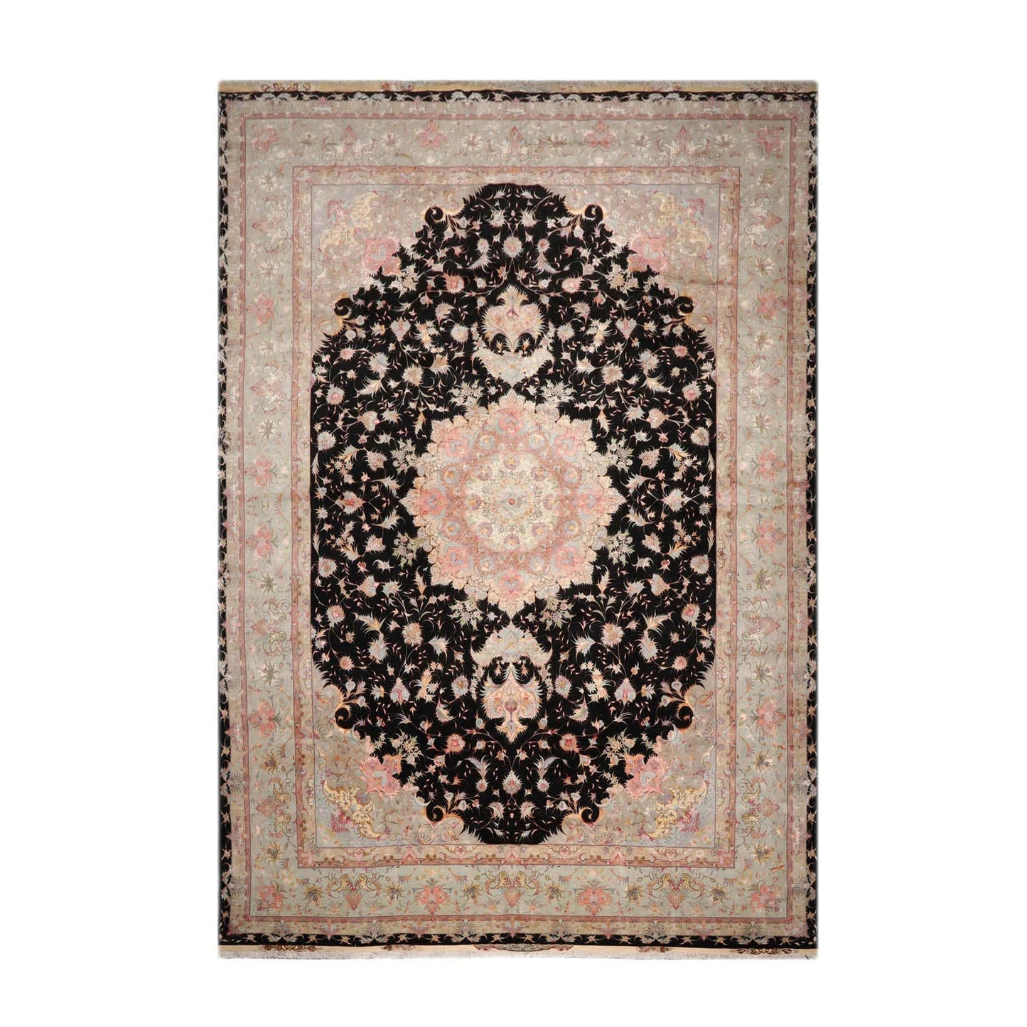 11' 6''x16' 10'' Palace Hand Knotted Wool and Silk Tabriz Traditional 400 KPSI Oriental Area Rug Black, Aqua Color