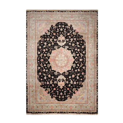 11' 6''x16' 10'' Palace Hand Knotted Wool and Silk Tabriz Traditional 400 KPSI Oriental Area Rug Black, Aqua Color