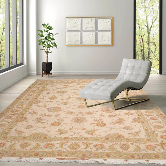 8x10 Hand Knotted Wool and Silk Traditional 350 KPSI Oriental Area Rug Ivory, Mint Color