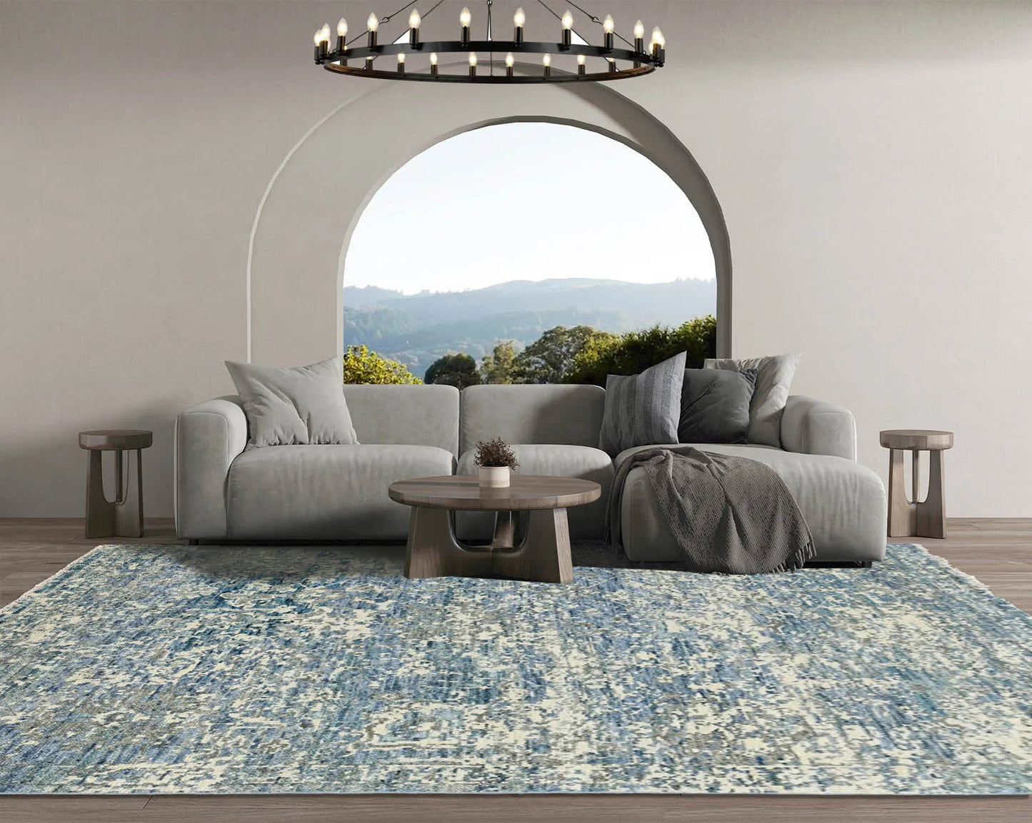Multi Size Beige, Blue Hand Knotted 100% Wool Turkish Oushak Transitional Oriental Area Rug