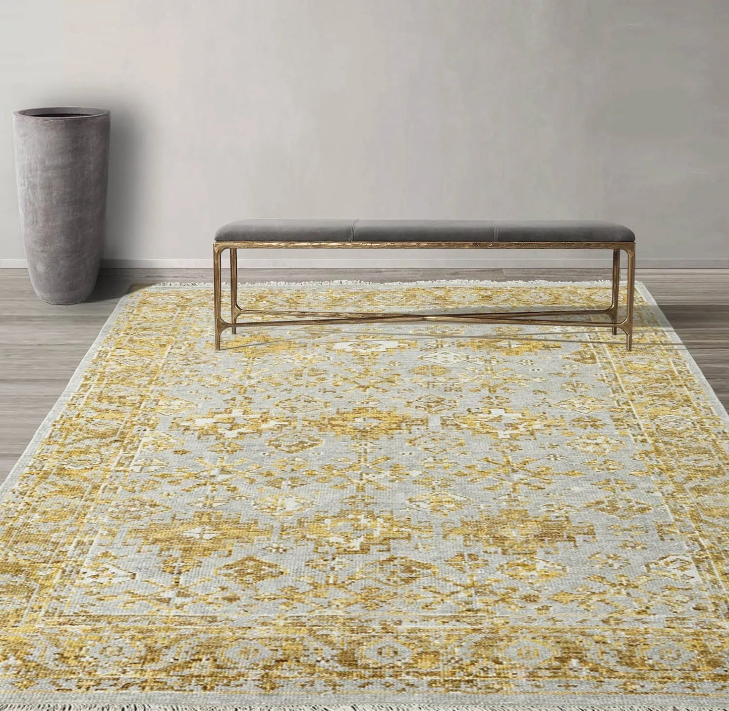 Multi Size Gray, Gold Hand Knotted 100% Wool Turkish Oushak Transitional Oriental Area Rug