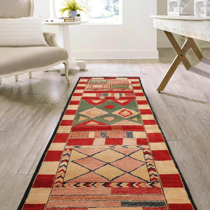 2'7''x12'3'' Runner Red, Green Hand Knotted Tibetan 100% Wool Michaelian & Kohlberg Modern & Contemporary Oriental Area Rug