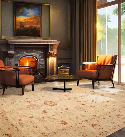 12'1"x17'9" Palace Beige Hand Knotted Oushak 100% Wool Traditional Oriental Area Rug