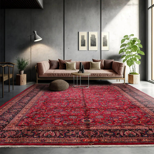 11'2''x16'7'' Palace Burgundy, Midnight Blue Hand Knotted 100% Wool Mashad Traditional 200 KPSI Oriental Area Rug