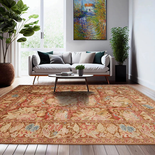 9x12 Brown, Beig Hand Knotted Oushak Wool and Silk Turkish Oushak Arts & Crafts Oriental Area Rug