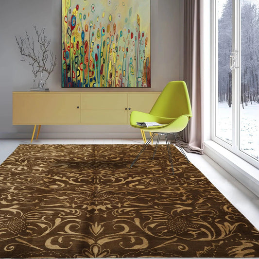 8x10 Olive, Gold Hand Knotted Tibetan Wool and Silk Transitional Oriental Area Rug