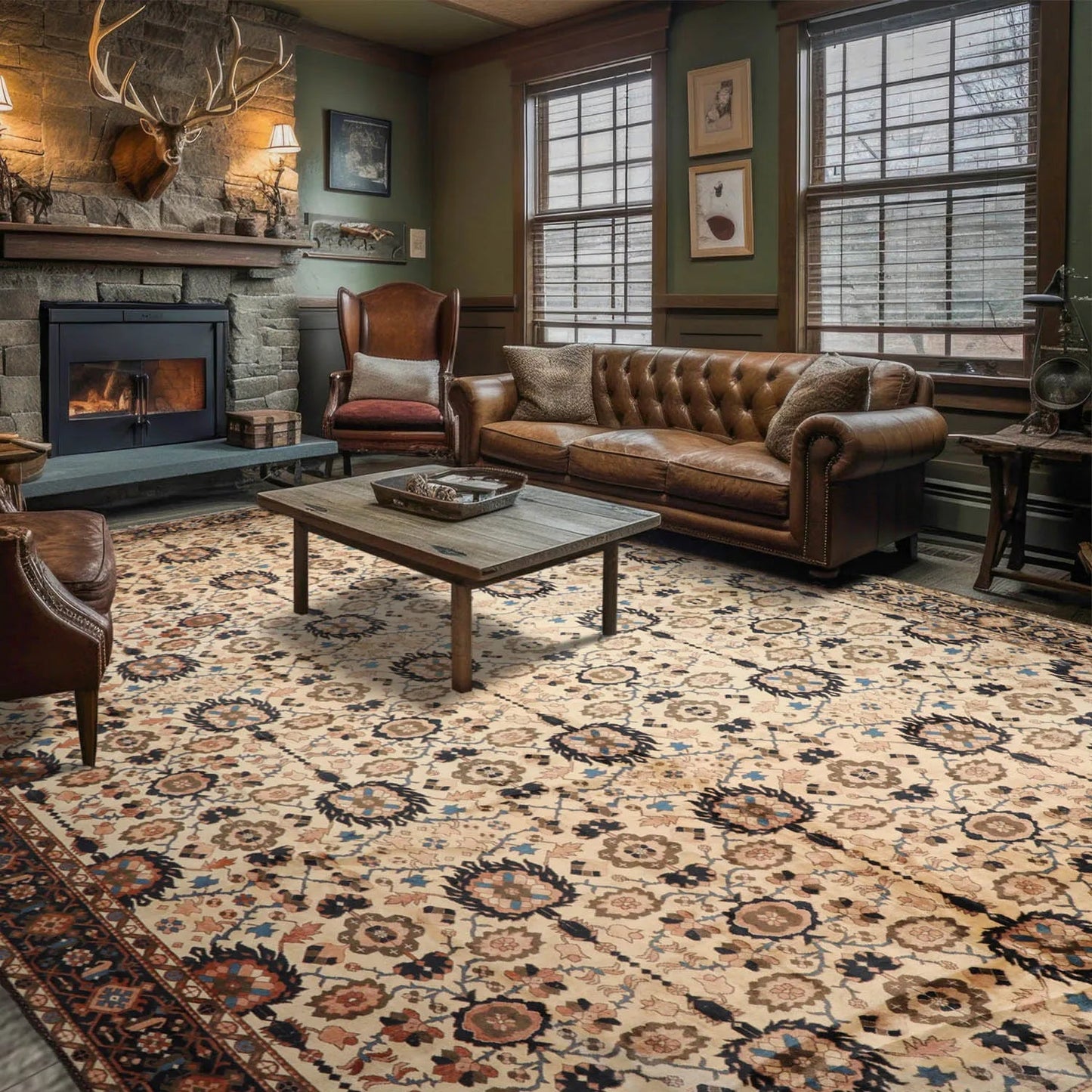 13'3"x16'9" Palace Ivory, Midnight Blue Hand Knotted 100% Wool Mahal Traditional Oriental Area Rug